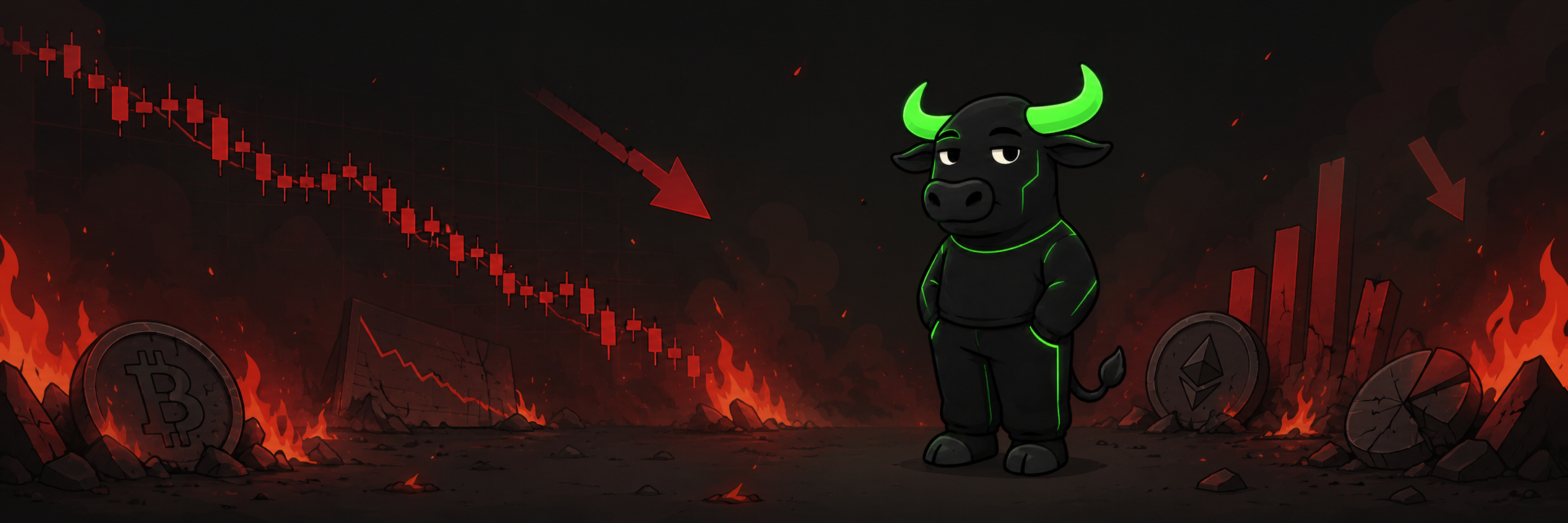 AnsamGuy standing calmly during a market crash surrounded by fire and red charts
