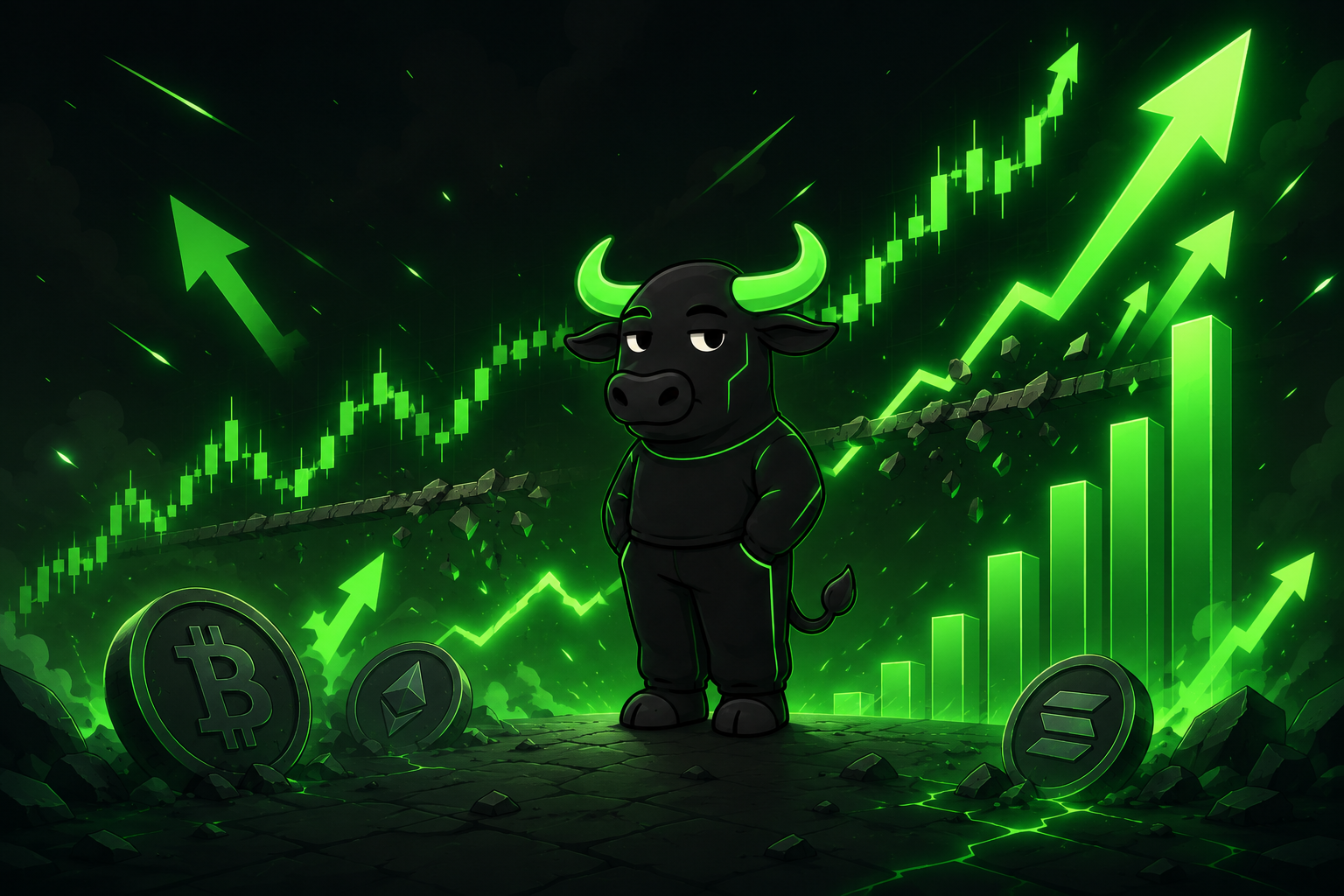AnsamGuy standing calmly during a bull run with green rising charts